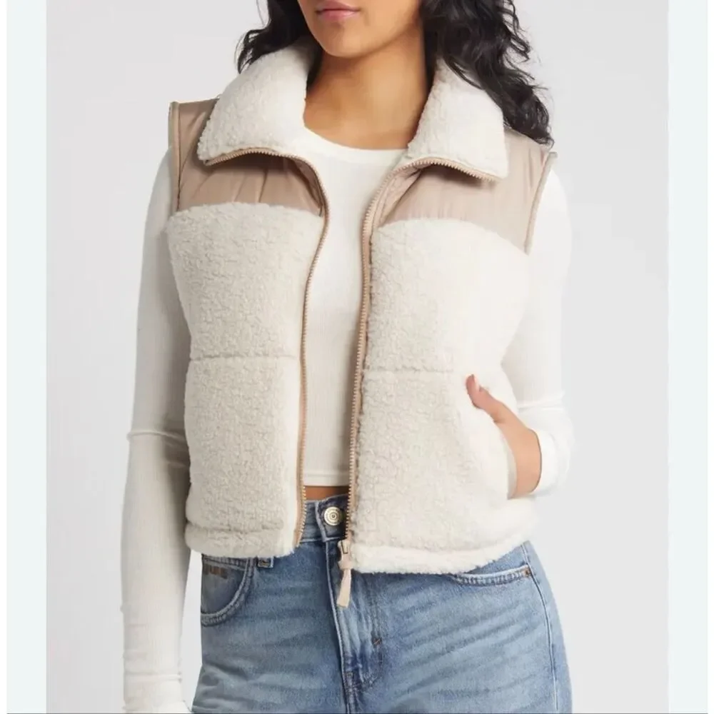 Thread & Supply Fleece Lined Puffer Vest - Cream Brown Combo size XL